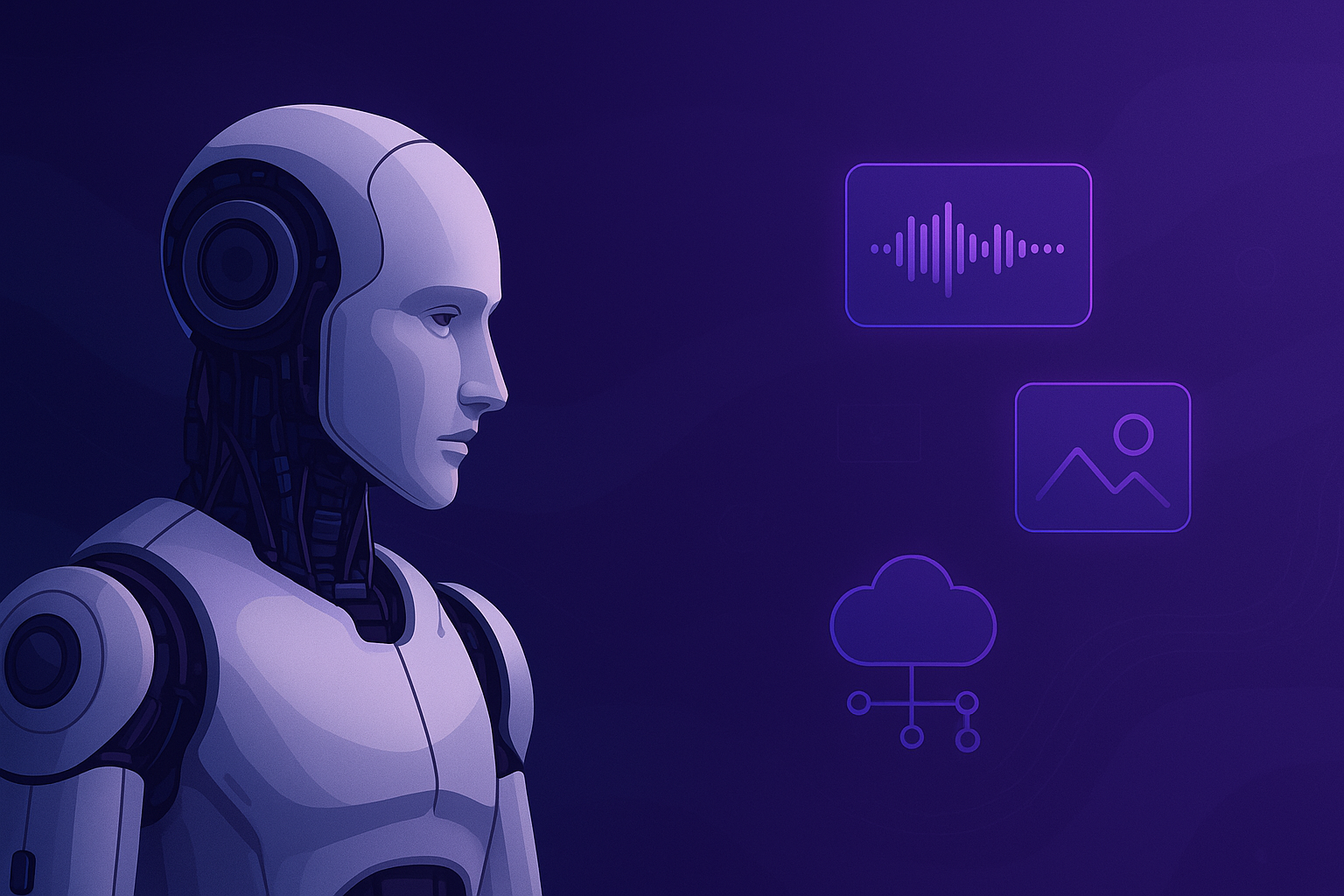 Oficina futurista con humanos y androides colaborando